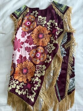 Bohemian Floral Fringe Shawl - Burgundy & Mustard